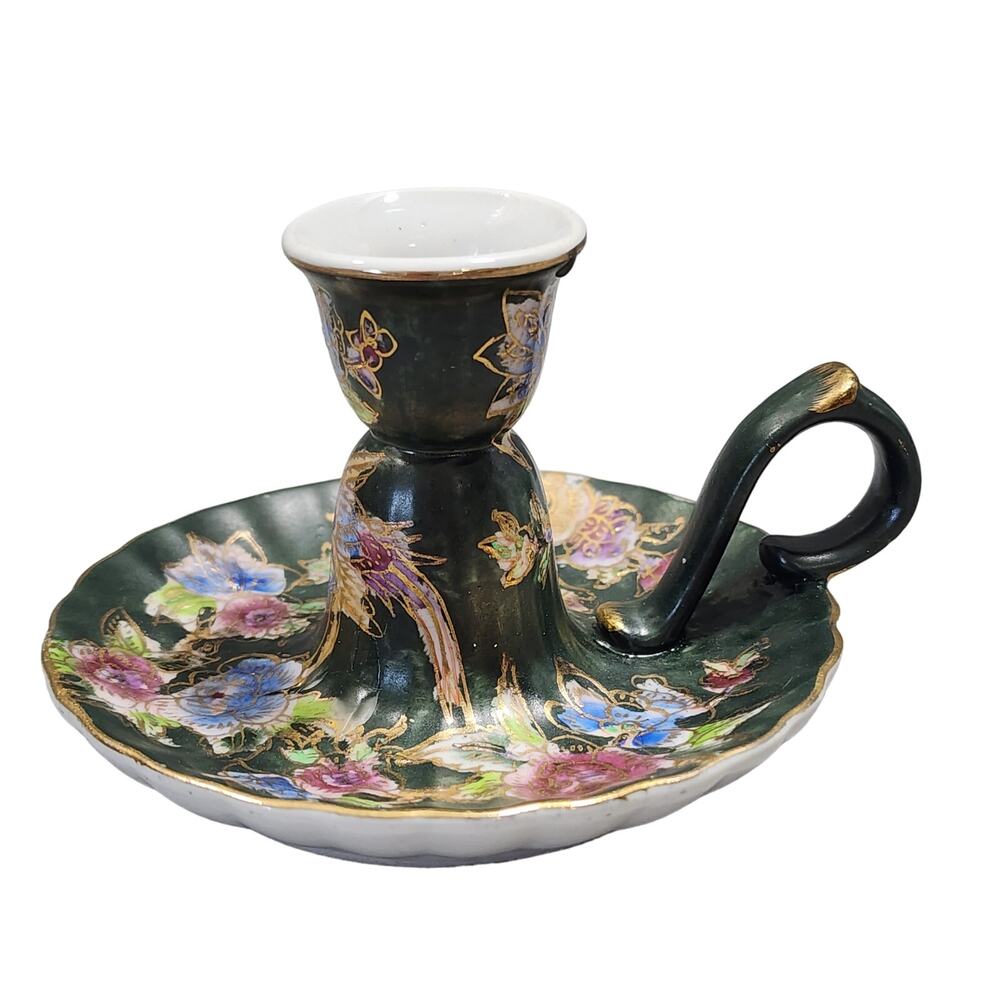 Green Floral Chamberstick Taper Candlestick Holder Ceramic Porcelain Fendi 1980s
